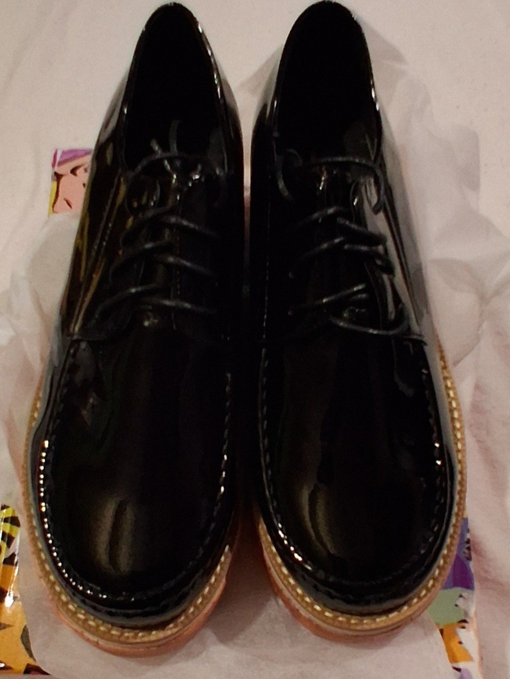 Men's Black Patent Derby Shoes with Tan Welt
